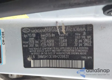 2008 Hyundai Santa Fe Limited/Se z USA, uszkodzony, nr VIN 5NMSH13E98H209831